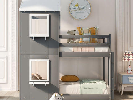 Bunk Bed Wood Bed & Roof, Window, Guardrail, Ladder