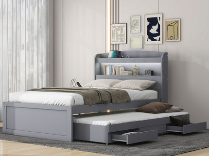 Platform Bed With LED Headboard, Charging Station, Trundle And 2 Drawers