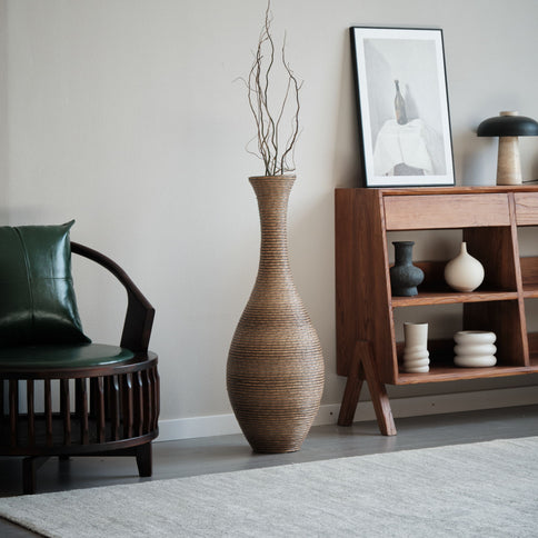 Tall Artificial Rattan Floor Vase In Elegant Statement Piece For Living Room Decor, Entryway, Or Hallway Versatile Home Accent For Dried Or Silk Floral Arrangements - Beige / Gray