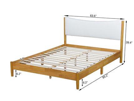 Queen Size Rubber Wooden, Solid Wooden Bed With Teddy Velvet Cushion Upholstered Headboard, Enhanced By Support Feet - Natural