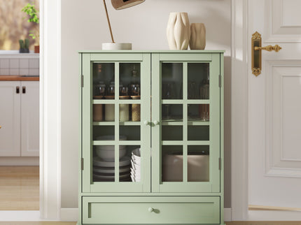 Minimalist Buffet Cabinet With Double Glass Doors And Drawer