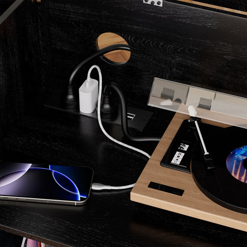 Eco-Friendly Vinyl Record Player Stand With Flip-Top Storage, Media Console With Dual Outlets And Dustproof Drawers