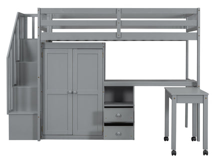 Loft Bed With Stairs, Bookshelf, Drawers, Desk & Wardrobe, Space Saving Multifunctional Furniture