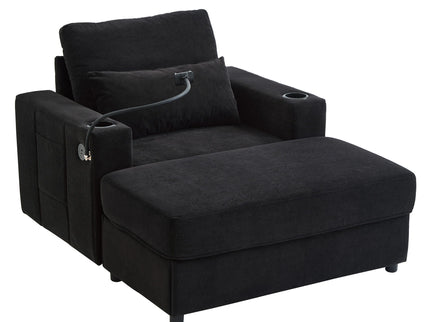 Modern Style Armchair Chaise Lounge Sofa Couch With Movable Storage Ottoman, USB Ports, Cup Holders, Phone Holder, Side Pockets