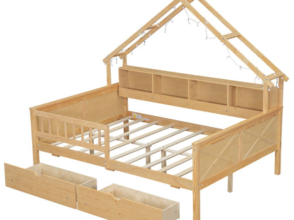 House Style Platform Bed With LED Lights, Storage Shelves, Drawers, And Guardrail