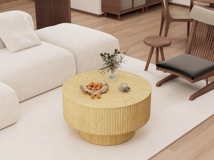 Round Coffee Table With 2 Dining Chairs Set, Ring Striped Design - Beige / Wood
