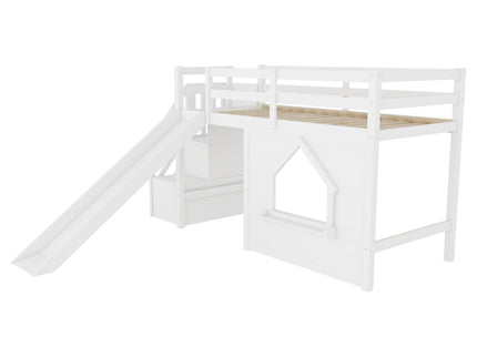 Loft Bed With Storage Stairs, Slide, Playhouse Window And 7 Colors LED Lights