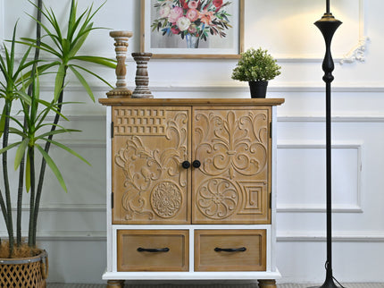 Accent Flower Carved Door Sideboard Cabinet With 2 Drawers For Kitchen - Natural Wood Wash / White