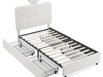 Upholstered Bed With Oversized Rabbit Ear Headboard, LED Lights & 4 Storage Drawers