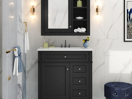 Bathroom Vanity With Top Sink, 2 Doors And 3 Drawers, Freestanding Set With Mirror Cabinet