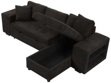 Modern L-Shape 3 Seat Reversible Sectional Couch, Pull Out Sleeper Sofa With Storage Chaise And 2 Stools For Living Room Furniture Set