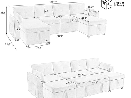 U-Shaped Sectional Sofa Bed With Storage And USB Ports