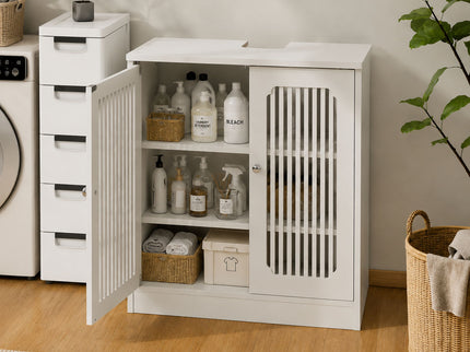 Louvered Double Door Floor Standing Bathroom Vanity Cabinet With Adjustable Shelf - White
