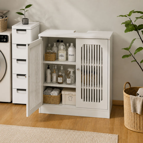 Louvered Double Door Floor Standing Bathroom Vanity Cabinet With Adjustable Shelf - White