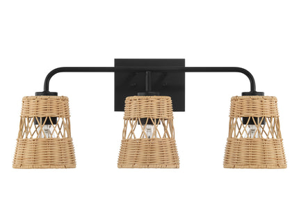 Moonlit - 3 Lights Wall Sconce With Shade, Bathroom Lighting Fixtures Over Mirror - Black / Rattan
