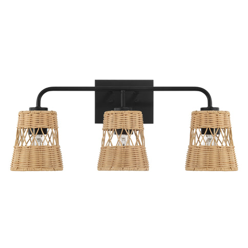 Moonlit - 3 Lights Wall Sconce With Shade, Bathroom Lighting Fixtures Over Mirror - Black / Rattan