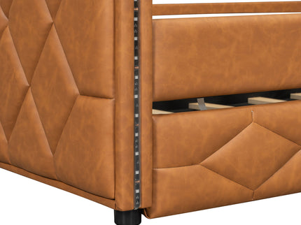 Upholstered Full Long Daybed With Trundle And LED Armrests - Brown