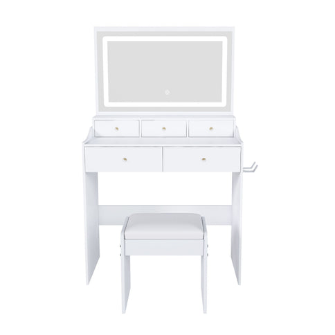 Modern Makeup Vanity Set With Power Outlet, Hair Dryer Holder, And Adjustable Lighting