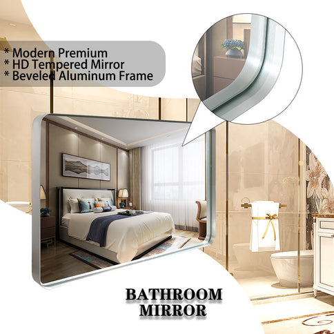 Glossy Brushed Rounded Corner Rectangle Wall Mirror For Bathroom Metal Frame Wall Mounted Bathroom Mirror Home Decor Corner Hangs Farmhouse Mirror (Horizontal & Vertical) - Silver