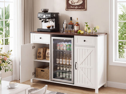 Coffee Bar With Mini Fridge Space & Built In Charging Station, Large Bar Cabinet With Drawers & Adjustable Shelves For Kitchen - White