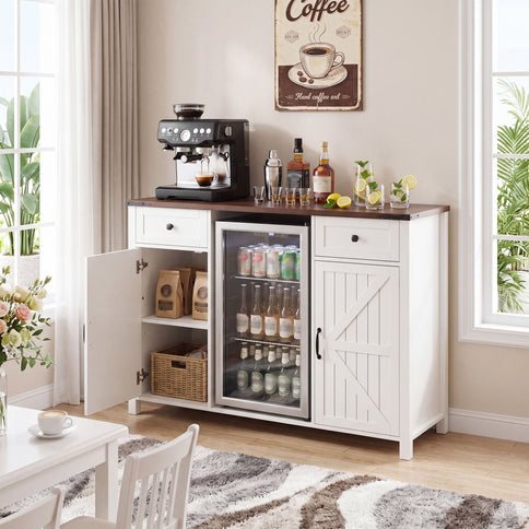 Coffee Bar With Mini Fridge Space & Built In Charging Station, Large Bar Cabinet With Drawers & Adjustable Shelves For Kitchen - White
