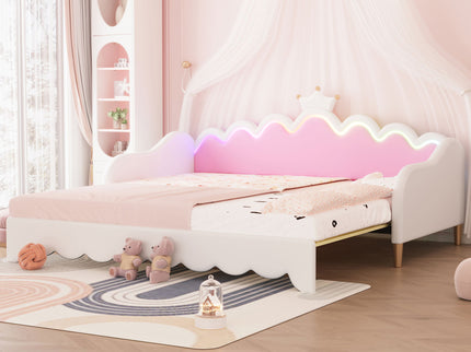 Extending Daybed With LED Lights, Modern Upholstered Princess Daybed With Crown Headboard