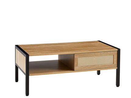 40.16" Rattan Coffee Table, Sliding Door For Storage, Metal Legs, Modern Table For Living Room