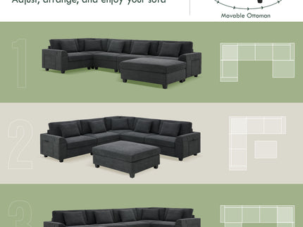 U Shaped Sectional Sofa 6 Seat Couch Set With Oversized Ottoman, Hidden Armrest Storage And Cup Holders USB Charging Ports Wide Seat Sofa