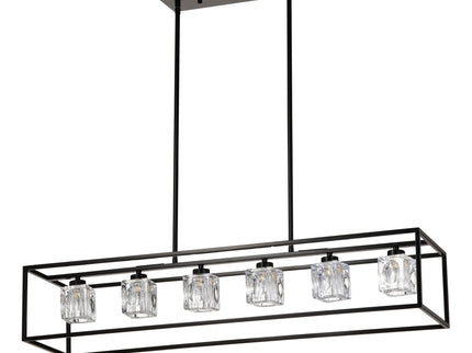 6 Light Farmhouse Chandelier, Modern Industrial Linear Rectangular Crystal Pendant Light Cage Chandelier For Dining Room, Kitchen Island, Bar, Long Table, G9*6 Bulbs Included - Matte Black