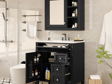 Bathroom Vanity With Top Sink, 2 Doors And 3 Drawers, Freestanding Set With Mirror Cabinet