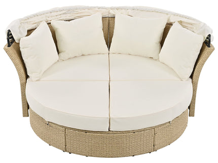 Outdoor Patio Daybed Wicker Rattan Double Daybed Round Sofa Furniture Set With Retractable Canopy, 4 Pillows For Lawn Garden