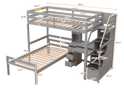 Loft Bed With Stand Alone Bed, Storage Staircase, Desk, Shelves, And Drawers