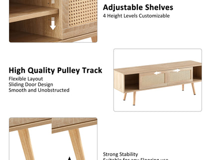 55.12" Rattan TV Cabinet, Double Sliding Doors For Storage, Adjustable Shelf, Solid Wood Legs, TV Console For Living Room