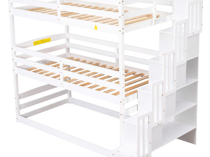 Twin Size Triple Bunk Bed With Storage Staircase, Separate Design - White