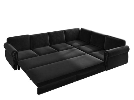 L-Shaped Sofa Couch With Pull Out Bed With Nailhead Trim & Rolled Arm