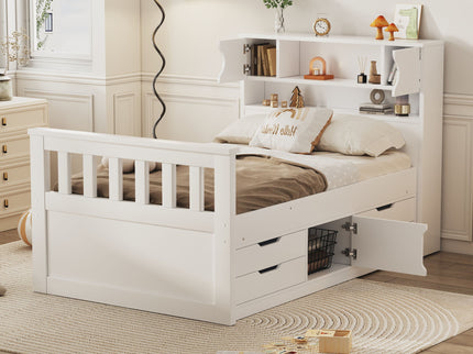 Captain Platform Bed Frame With Storage Bookcases, Shelves, And 4 Drawers