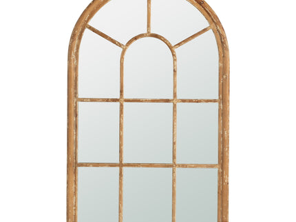 Large Arched Accent Mirror With Frame With Decorative Window Look Classic Architecture Style Solid Fir Wood Interior Decor - Brown