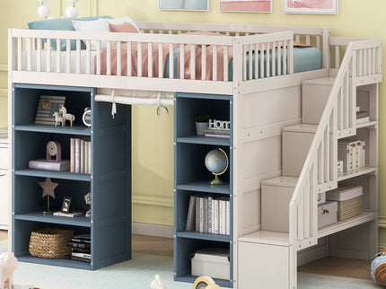 Full Size Loft Bed With 2 Four Layer Storage Cabinets And Curtain With Built In Staircase And Privacy Curtain - White