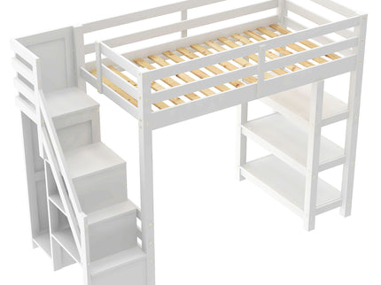 Loft Bed With 4 Layer Shelves, Storage Staircase, Small Wardrobe And LED Light