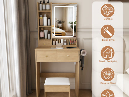 Small Vanity Desk With 3 LED Lighting Modes, 3 Drawers, Hair Dryer Holder, Power Socket, And Dressing Chair - Natural Walnut