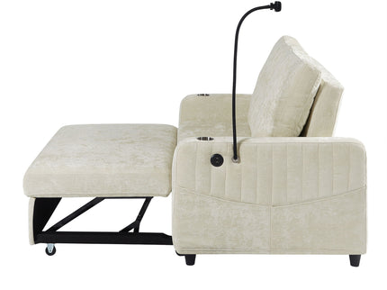 Modern Loveseat Pull Out Sofa Bed With Adjustable Backrest, Two Cup Holders, A Phone Holder, Three Charging Ports And Side Storage Pockets For Living Room