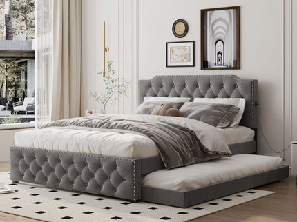 Upholstered Platform Bed With Trundle And 2 Sets Of USB Ports On Each Side, Fabric