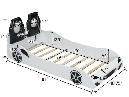 Race Car Shaped Platform Bed With LED And Upholstered Backrest In