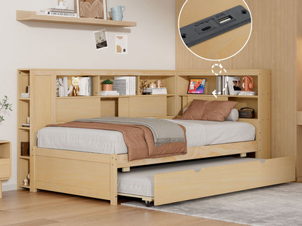 Daybed With Storage Shelves, USB Charging, And Trundle Bed