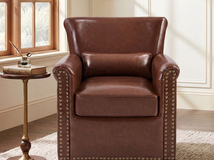 Swivel Accent Chair With Rolled Arm, Sewn Pillow Back, Nailhead Trim For Living Room