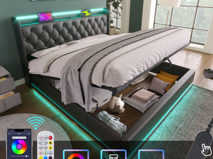 Upholstered Bed, 360 Surround LED Function, Remote Control, Hydraulic Storage Bed With USB, Type-C Charging (Without Mattress)