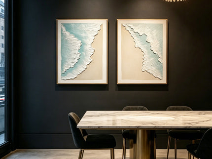 Framed Ocean Wave Wall Art, Textured Canvas Painting, Beach Decor For Living Room (Set of 2) - Aqua Blue