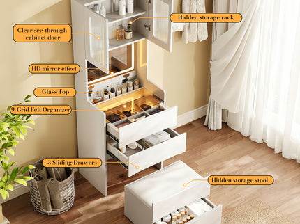 3 In 1 Vanity Table With LED Mirror & Storage Stool For Bedroom