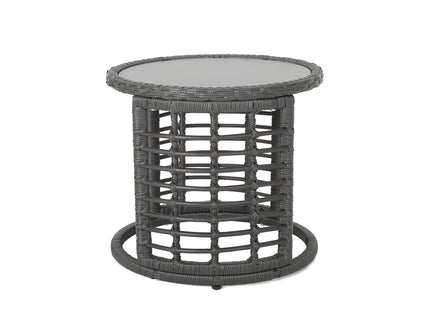 Achill - Outdoor Modern Boho Wicker Side Table With Glass Top - Gray