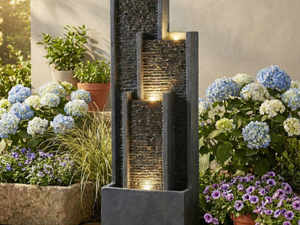 Outdoor Water Fountain With Cascading Waterfall And LED Lighting - Black